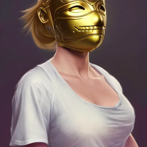 Image similar to 1 5 year old white girl with a white shirt that has one shoulder visible, wears black sports shorts and a golden mask on her face, intricate, highly detailed, digital painting, artstation, concept art, smooth, sharp focus, illustration, unreal engine 5, 8 k, art by artgerm and greg rutkowski and alphonse mucha