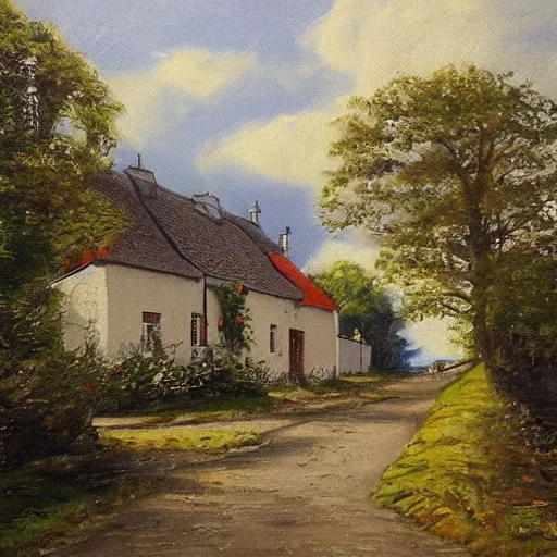 Image similar to painting of a small town in rural Ireland, by Aleksander Rostov