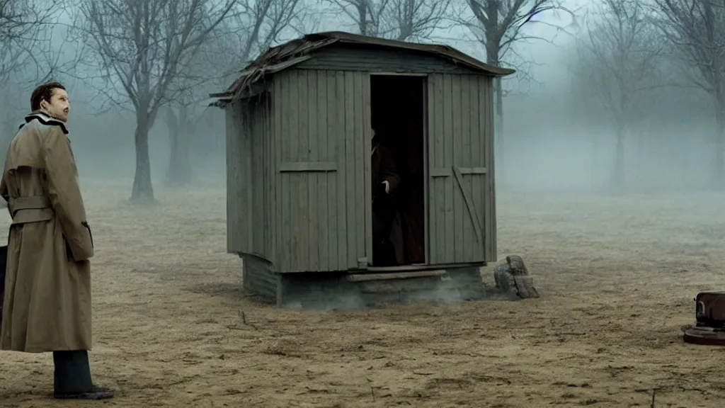 Image similar to a man in a trench coat walks into a shack, it's filled with old technology, film still from the movie directed by Denis Villeneuve, wide lens