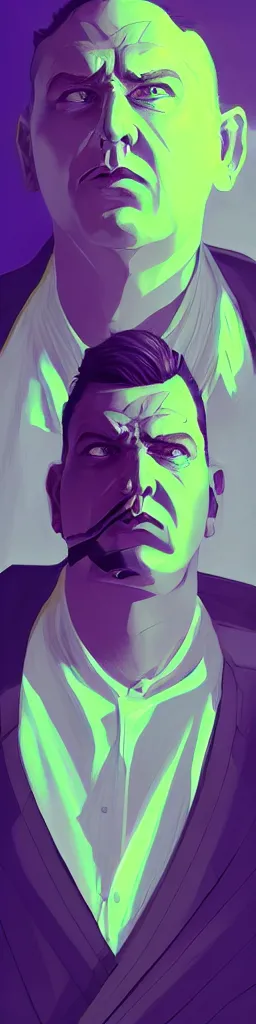 Image similar to fatman we respect you a lot snakeoil CMO fantasy, portrait, sharp focus, intricate, elegant, digital painting, artstation, matte, highly detailed, concept art, illustration, volumetric lighting, purple green color scheme, art by Ilya Kuvshinov, artgerm