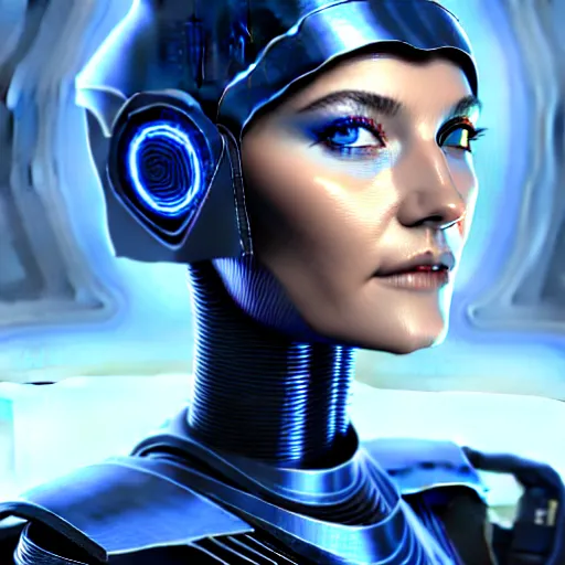 Image similar to woman in hitech armor costume with dark bobcut haircut with friendly blue eyes and slim features looking askance, cyberpunk bionics, retro - futurist style, intricate, elegant gleaming jewelry, angelic halo, highly detailed, digital painting, artstation, concept art, smooth, sharp focus, illustration, art by wlop, mars ravelo and greg rutkowski