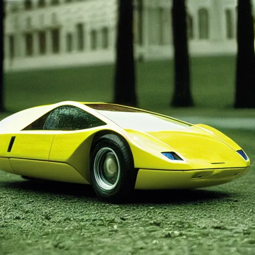 Prompt: 3 5 mm photo of yellow pininfarina modulo car