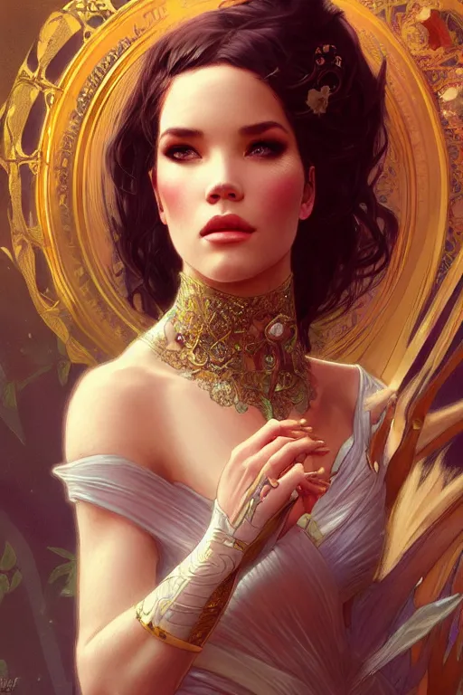 Image similar to Halsey as a princess, fantasy, intricate, elegant, highly detailed, digital painting, artstation, concept art, matte, sharp focus, illustration, art by Artgerm and Greg Rutkowski and Alphonse Mucha