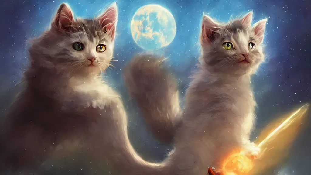 Image similar to cartoonish kitten wearing a wizard cat and a fake beard floating in space, bright stars, anime, a fantasy digital painting by Greg Rutkowski and James Gurney, trending on Artstation, highly detailed