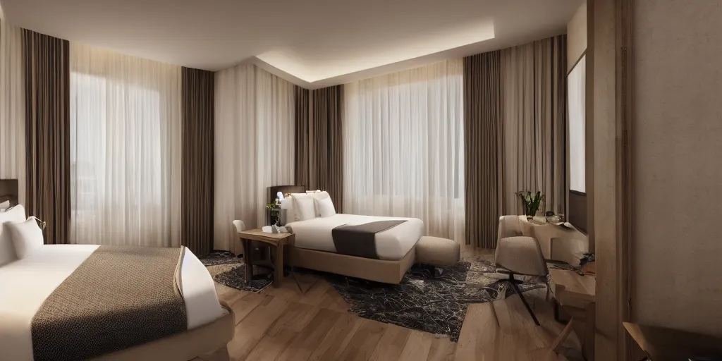 Prompt: inside view of a hotel room, unreal 5, hyperrealistic, realistic, photorealistic, dynamic lighting, highly detailed, cinematic landscape, studio landscape, studio lighting