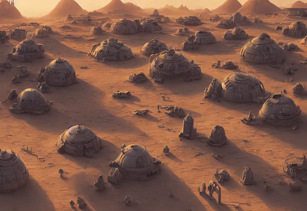 Image similar to tatooine desert village, star wars, extremely detailed, plush, intricate, soft light, volumetric, blender, digital painting, art station, by simon stalenhag