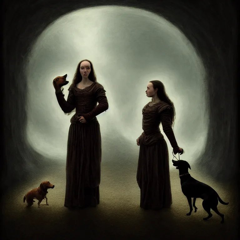 Image similar to renaissance professional digital art of a traveler with a faithful dog, symmetrical face, atmospheric lighting, painted, complex, detailed, detailed, foreboding, mysterious, leesha hannigan, wayne haag, reina rocin, ignacio fernandez rios, mark ryden, iris van herpen, epic, stunning, magnificent, very wow, cinematic, masterpiece.