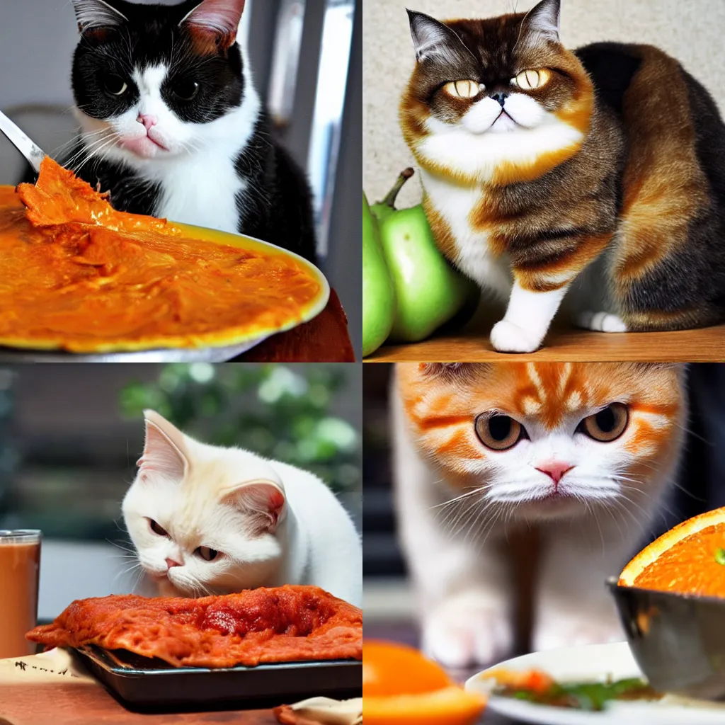 Prompt: orange exotic shorthair cat eating lasagnas