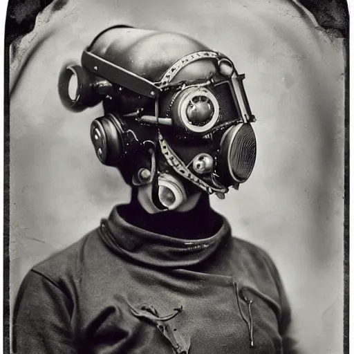 Image similar to tintype photographs of techno shamans, telepaths, dieselpunk cyborgs, masked heroes, irradiated humans, mystic mutates and monster hunters