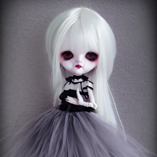 Image similar to a pretty full body woman BJD doll, grey hair, sad eyebrows, symetric eyes, photo realistic, heart mouth, torn tule tutu, melancholic atmosphere, gothic atmosphere, dark palette, pastel palette, bloodborn, pale roses