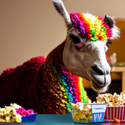 Image similar to photo of a rainbow llama eating popcorn and watching tv