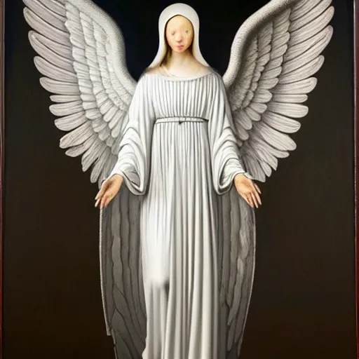 Image similar to highdetailed hyperrealistic painting of white angel!!! no gender smiling noface!!!, light instead of hands, white sparkles everywhere, 4 k hd face!!!, big silver high detailed wings!!!, renaissance, by jan van eyck, holography space, glow effect, large strokes, monochrome!!!!!