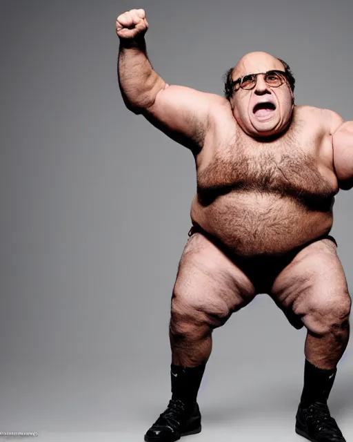 Image similar to portrait of danny devito as a wwe professional wrestler. photographic, photography