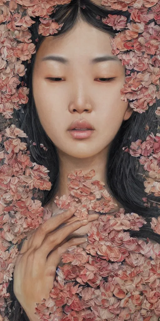 Prompt: very beautiful highly detailed and expressive oil painting of an asian woman's face dissolving into petals and flowers by james jean, masterpiece, dynamic lighting, intricate linework, 8 k, flowers