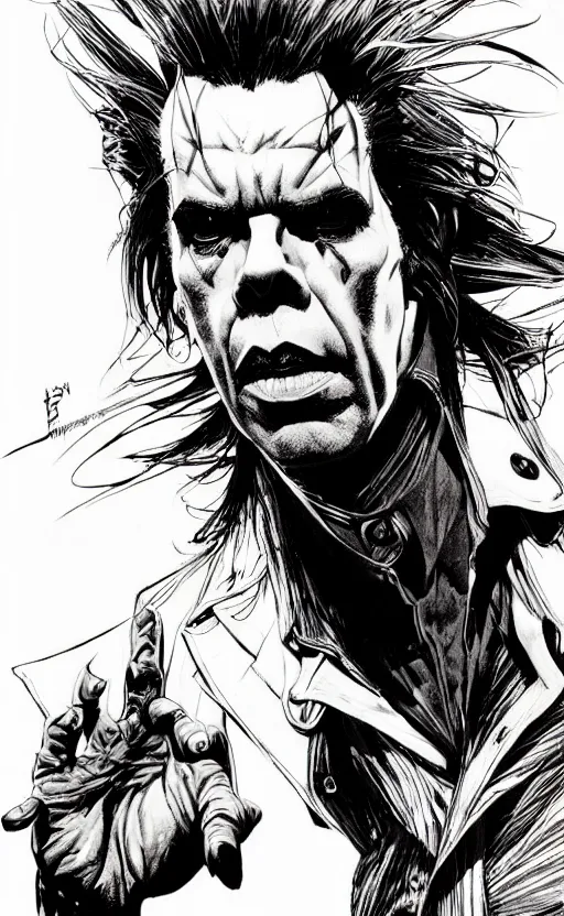 Prompt: full body portrait of nick cave with all the evil inside him, sumi - e lighting style, intricate linework, artstation, trending, highly detailed, smooth, focus, concept art by yoji shinkawa and glenn fabry, lee bermejo, gabriele dell'otto