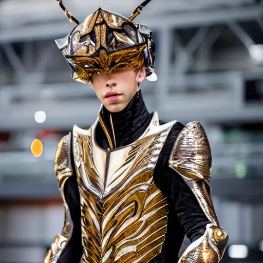 Image similar to High angle shot of Austin Butler dressed in futuristic-baroque duelist-garb and carbon-armor, standing in an arena, XF IQ4, f/1.4, ISO 200, 1/160s, 8K, RAW, unedited, symmetrical balance, face in-frame