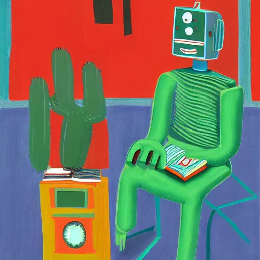 Image similar to a robot reading a book by david hockney