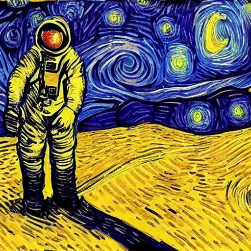 Image similar to portrait of astronaut, starry night in background, by van gogh