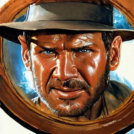 Image similar to close up indiana jones stealing a steering wheel, that is on a pedastal painted by greg rutkowski
