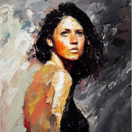 Image similar to highly detailed palette knife oil painting of a young woman by Peter Lindbergh, impressionistic brush strokes, painterly brushwork