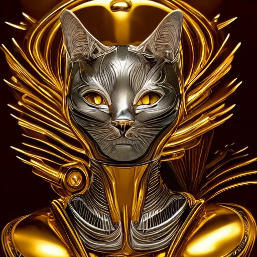 Image similar to gold and silver tones, cybernetic cat, style of moebius, james jean, rutkowski, cinematic, high detail, award winning, 8 k photorealistic