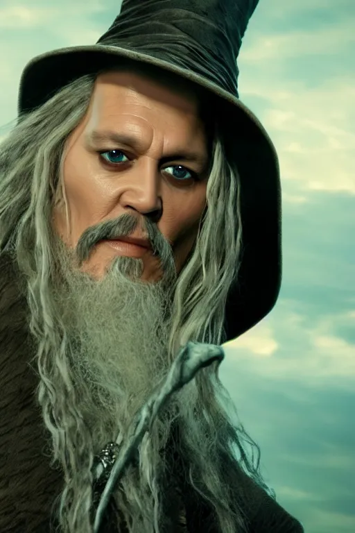 Image similar to film still of johnny depp as gandalf in lord of the rings movie, glamour pose, dramatic lighting, octane, volumetric lighting, 8 k