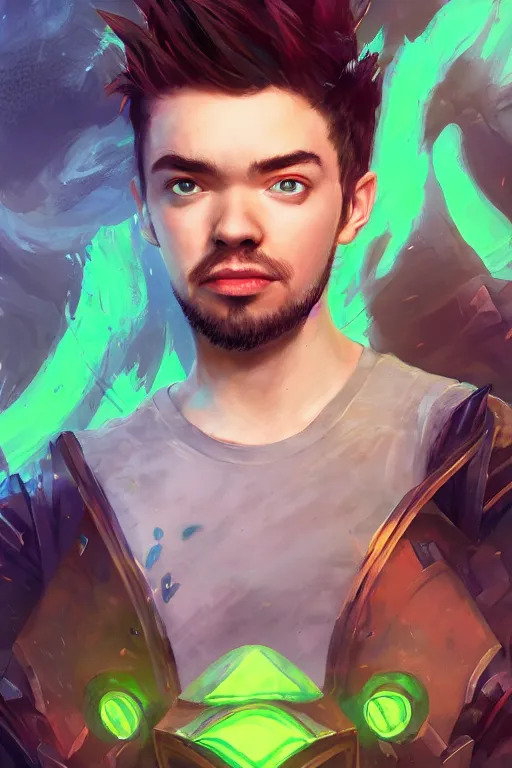 Image similar to a portrait of the YouTuber jacksepticeye in the style of league of legends by Greg Rutkowski, Sung Choi, Mitchell Mohrhauser, Maciej Kuciara, Johnson Ting, Maxim Verehin, Peter Konig, final fantasy , mythical, 8k photorealistic, cinematic lighting, HD, high details, atmospheric,