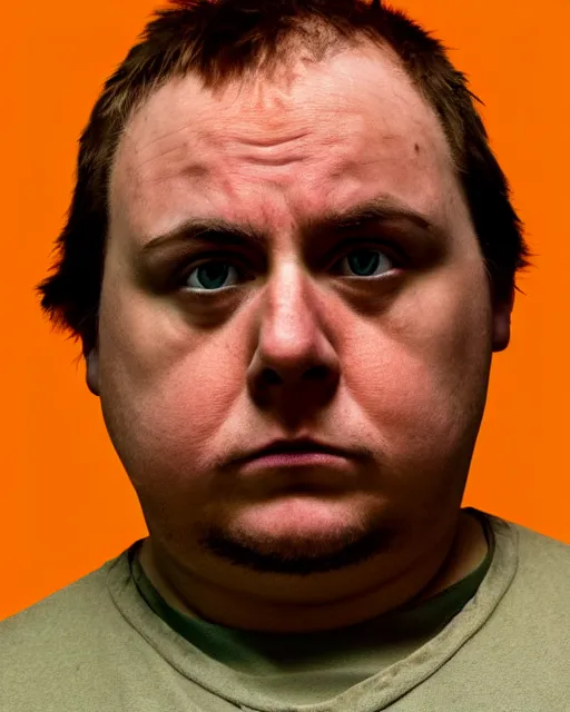 Prompt: prison mugshot of real - life eric cartman, bright flash, orange prison shirt, low saturation, somber expression, filthy hair, rugged textured face, soft vignette, soft focus, 5 0 mm, 4 k, nypd