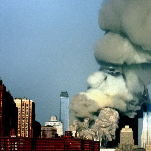 Image similar to wide angle photo of 9/11 attack but the smoke is a gender reveal, hyper realistic, 8k 2001 photo