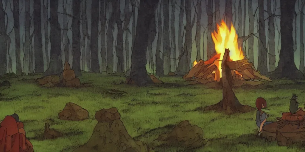 Prompt: award - winning movie still, landscape, dark forest, campfire, by studio ghibli,