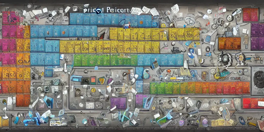 Image similar to Poster of a crazy periodic table from a different universe in the style of portal2, digital art, astonishing great details, award winning, high res