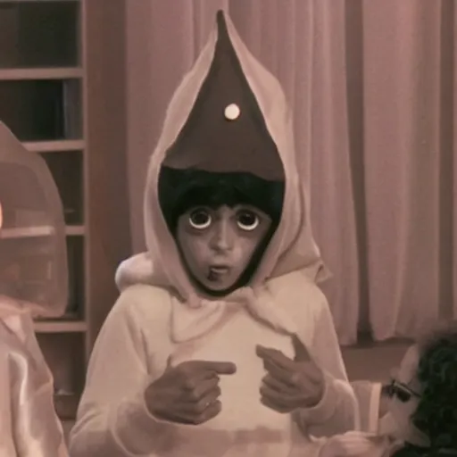 Prompt: Still from a children's television show about people dressed as nostrils, 1980