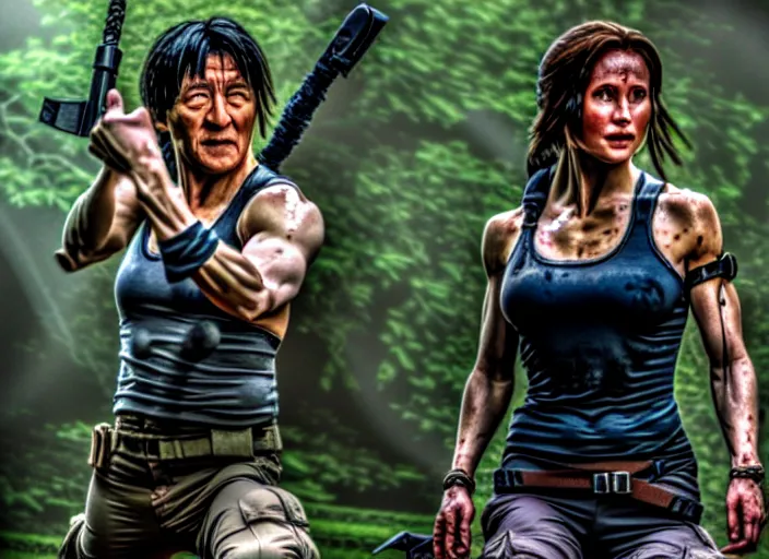 Image similar to film still of!!!! jackie chan jackie chan jackie chan!!! as lara croft in new tomb raider movie, 8 k