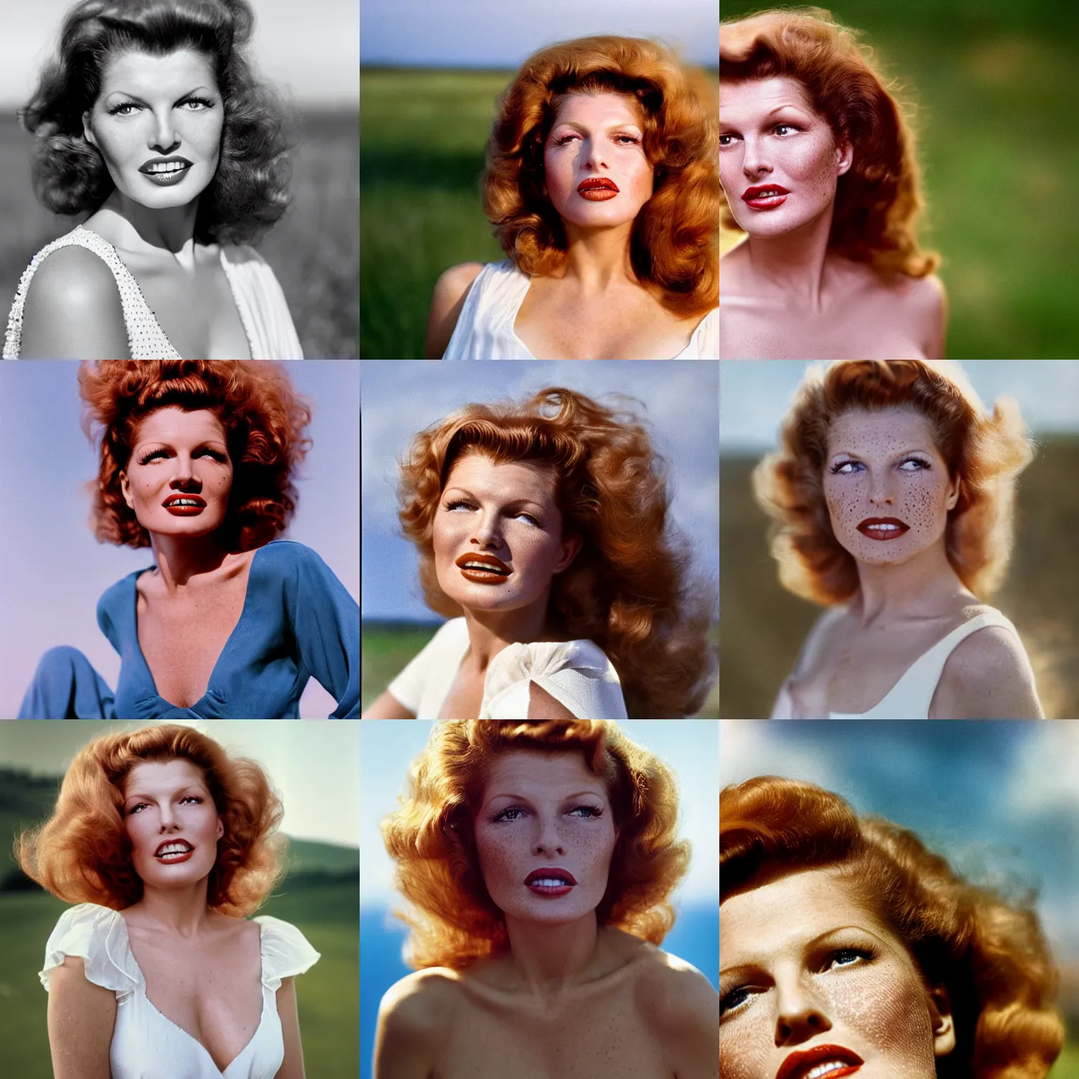 Prompt: natural 8 k close up shot of rita hayworth with freckles, skin imperfections and beauty spots photographed by annie leibovitz. she stands in a white dress and looks on the horizon with winds moving her hair. fuzzy blue sky in the background. no make - up, no lipstick, small details, wrinkles, natural lighting, 8 5 mm lenses, sharp focus