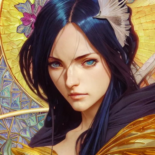 Image similar to highly detailed vfx portrait of nico robin, greg rutkowski, makoto shinkai, alphonse mucha, sharp focus, art by artgerm and greg rutkowski, backlit, harsh overhead sunlight, blue eyes,