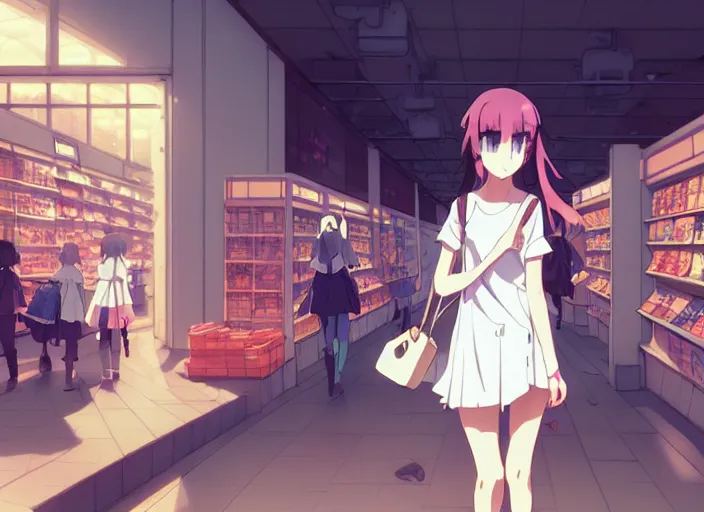Image similar to portrait of a cute girl shopping at the mall, rule of thirds, illustration concept art anime key visual, trending pixiv fanbox by wlop and greg rutkowski and makoto shinkai and studio ghibli and kyoto animation