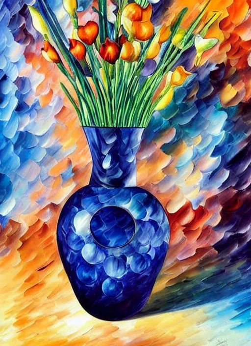 Image similar to Escher inspired vase, designed by Rene Lalique, studio photography on a Leonid Afremov background