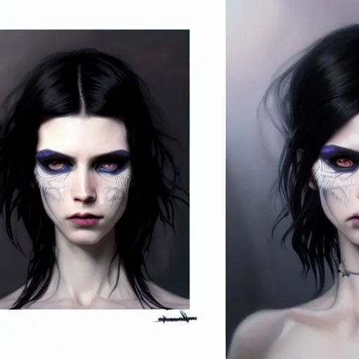 Prompt: portrait painting of an androgynous witch with shoulder length black hair pale skin and beautiful eyes wearing a punk clothes, ultra realistic, concept art, intricate details, eerie, highly detailed, photorealistic, octane render, 8 k, unreal engine. art by artgerm and greg rutkowski and magali villeneuve and alphonse mucha