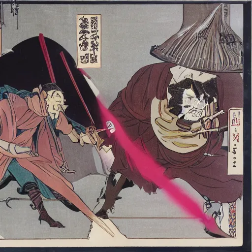 Prompt: Obi-wan Kenobi Duels Anakin Skywalker on the Planet Mustafar Ukiyo-e Highly Detailed Edo