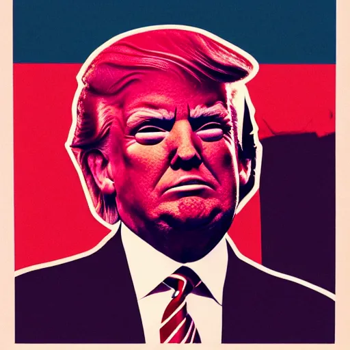 Prompt: trump in a suit and tie with a creepy face, a screenprint by warhol, reddit contest winner, antipodeans, hellish, anaglyph filter, hellish background