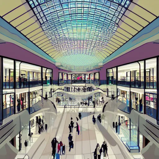 Image similar to digital illustration of a mall atrium in pastel colors