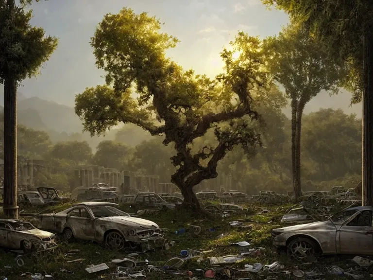 Image similar to tree growing in ancient greek ruins, gray wasteland, many scrap cars, plastic waste, rubble, pillars, flowers, vines, hyperrealistic, highly detailed, cinematic, single ray of golden sunlight, beautiful, cgssociety, artstation, 8 k, oil painting by greg rutkowski, by artgerm, by wlop