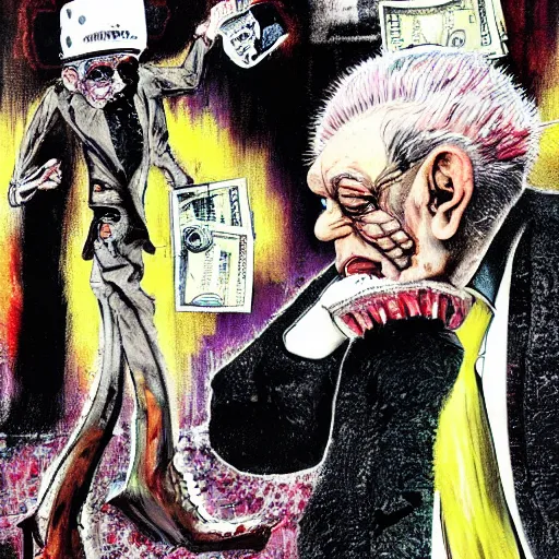 Image similar to George Soros full body shot, dollar bills Body horror, biopunk, by Ralph Steadman, Francis Bacon, Hunter S Thompson