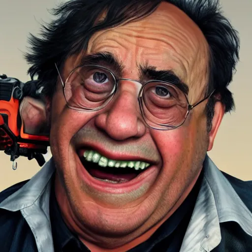 Image similar to hyperrealistic mixed media image of danny devito holding a chainsaw in gta v, stunning 3 d render inspired art by xiang duan and thomas eakes and greg rutkowski, perfect facial symmetry, hyper realistic texture, realistic, highly detailed attributes and atmosphere, dim volumetric cinematic lighting, 8 k octane detailed render, post - processing, masterpiece,