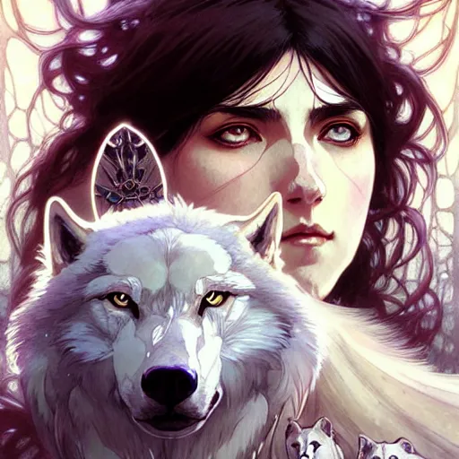 Prompt: Portrait of Princess Mononoke surrounded by white wolves, face, fantasy, intricate, elegant, highly detailed, digital painting, artstation, concept art, smooth, sharp focus, illustration, art by Fernanda Suarez and Artem Demura and alphonse mucha