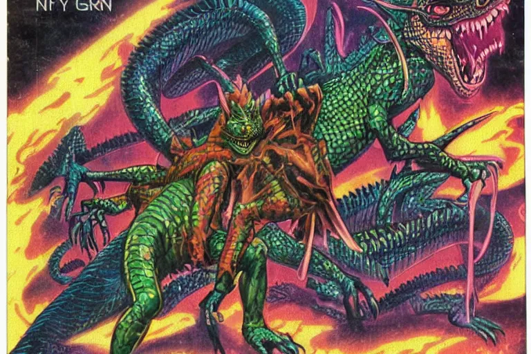 Image similar to 1979 Dragon magazine cover depicting a lizard man in neo-tokyo style by Larry Elmore. DND character art