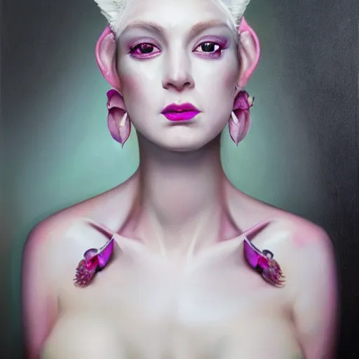 Prompt: a portrait of an intensely lit orchid mantis woman full of piercings, modeling, white and pink, oil painting, pale colors, high detail, 8 k, wide angle, trending on artstation,