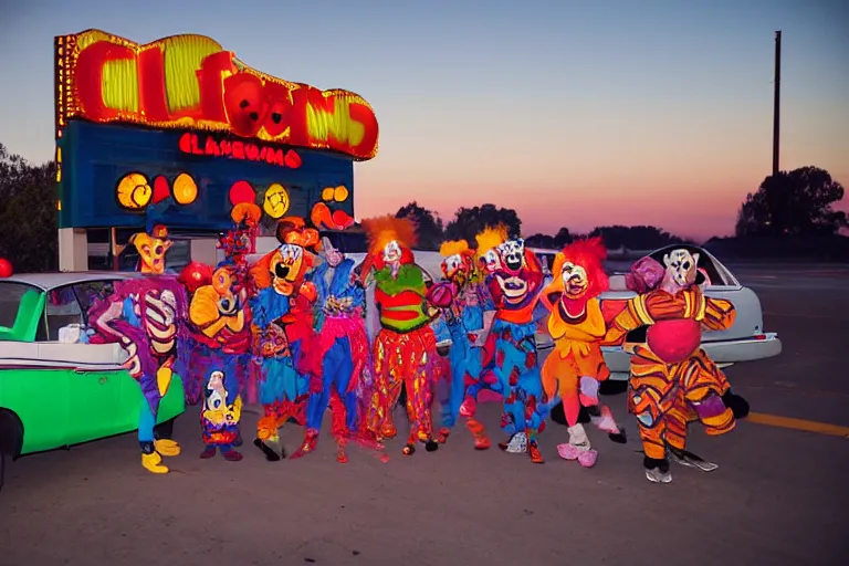 Image similar to 2 0 clowns leaving a clowncar at a california drive in, in 2 0 1 2, cutecore clowncore, bathed in the the glow of the sunset, low - light photograph, in style of monkeybone