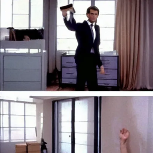 Image similar to Emmanuel Macron moving Ikea furniture in his empty room, in American Psycho (1999)