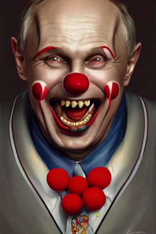 Prompt: vladimir putin as a stupid clown, funny, laughing, cartoonish, realistic portrait, symmetrical, highly detailed, digital painting, artstation, concept art, smooth, sharp focus, illustration, cinematic lighting, art by artgerm and greg rutkowski and alphonse mucha